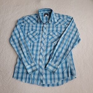 Vintage Wrangler Men's Classic Blue White & Red Plaid Western Shirt L Large